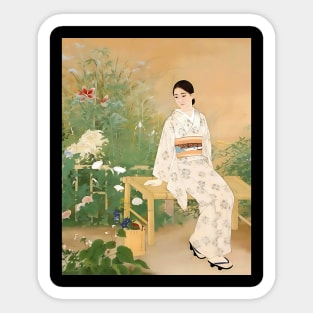 Serene Beauty: A Japanese Lady in a Summer Garden - vintage Japanese art Sticker